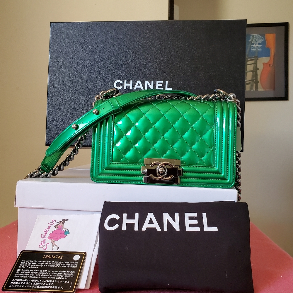 Chanel boy green patent silver hard ware small bag Metallic